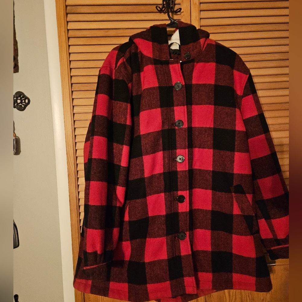 Coldwater Creek Red and Black Plaid Hooded Pea Coat